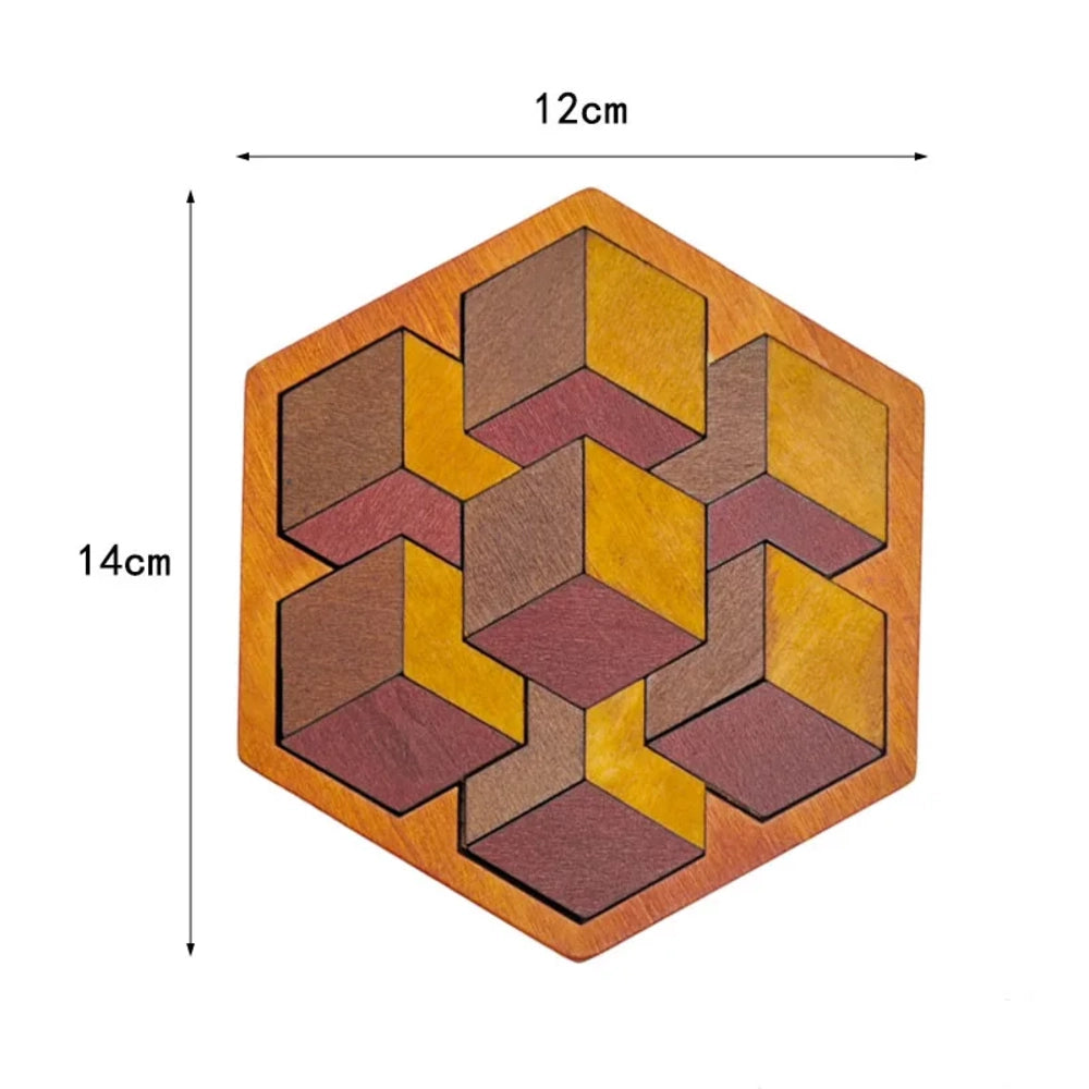 Tangram en bois hexagonal à motif de cubes en perspective, cadre de 12 par 14 cm