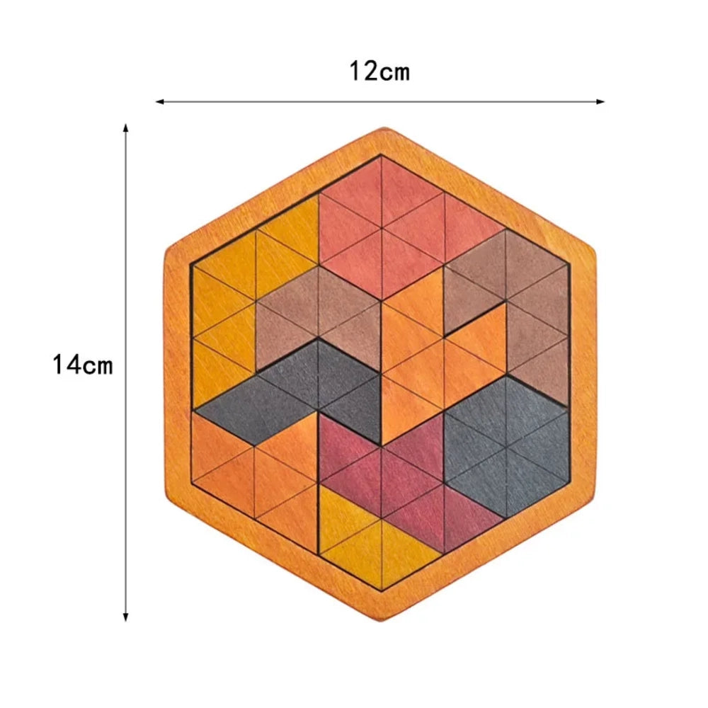 Casse-tête en bois hexagonal en mosaïque de petits triangles, cadre de 12 par 14 cm