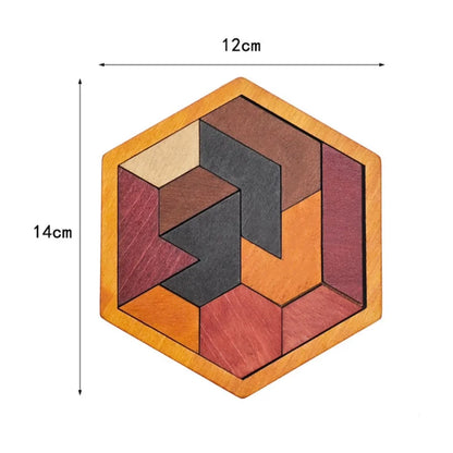 Tangram en bois hexagonal à pièces en escalier, cadre de 12 par 14 cm