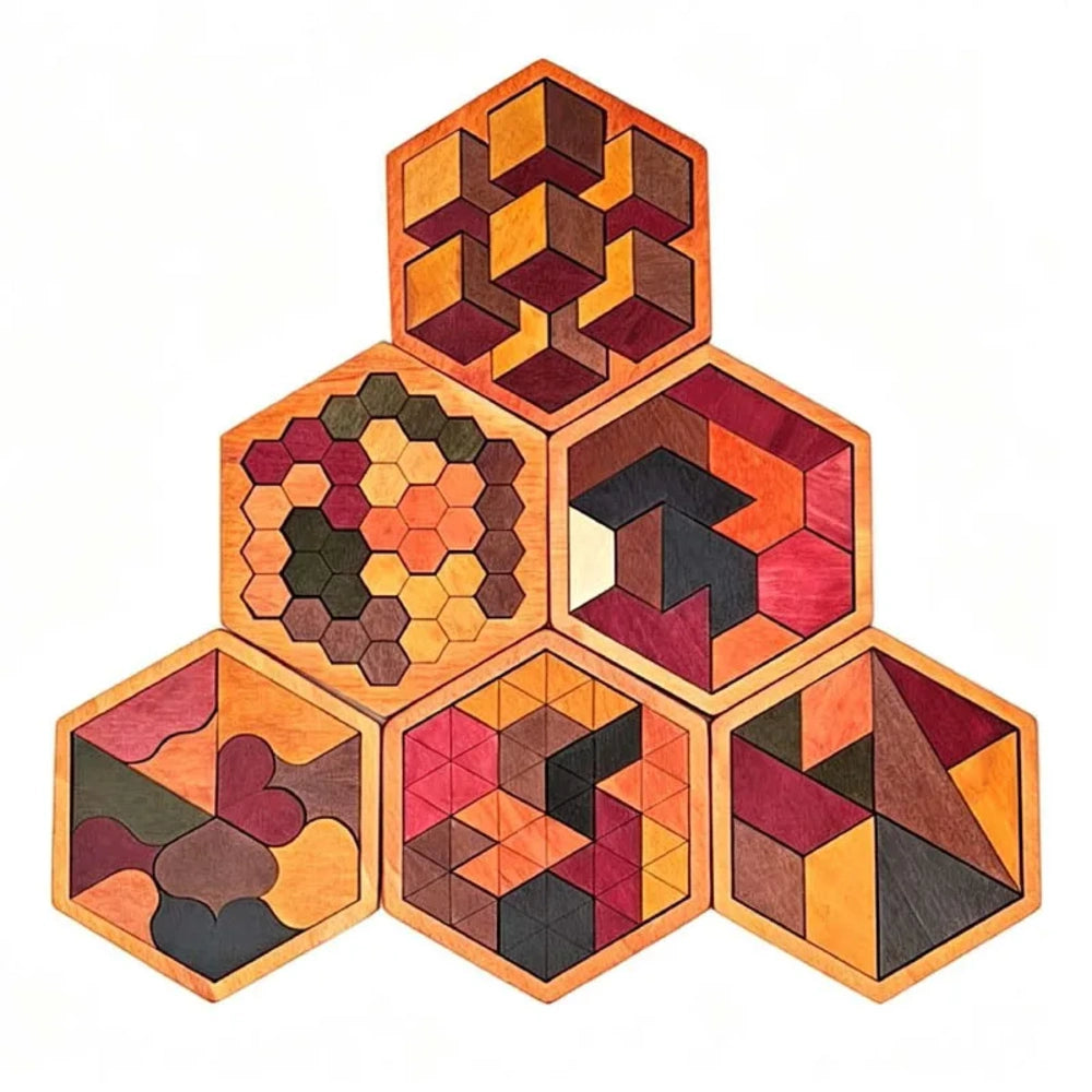 Casse-tête en bois hexagonal, six modèles de tangram assemblés en mosaïque géométrique colorée