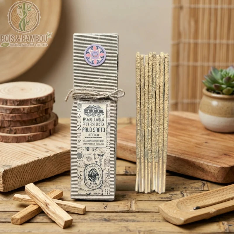 Encens Palo Santo, résine rituelle sur bâton, boîte et bâtons en décor bois brut