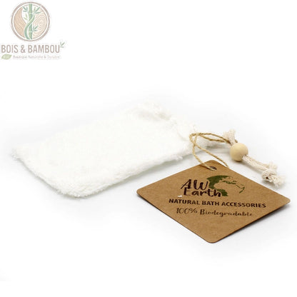 Sac à savon en tissu éponge blanc fermé avec étiquette accessoires de bain naturels
