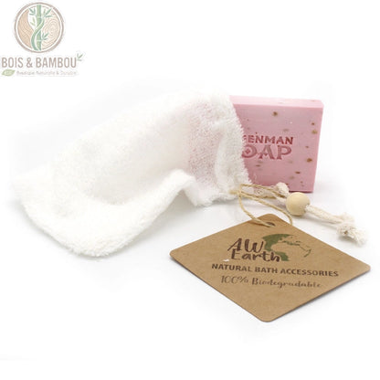 Sac à savon en tissu éponge suspendu par son cordon coton et sa perle en bois