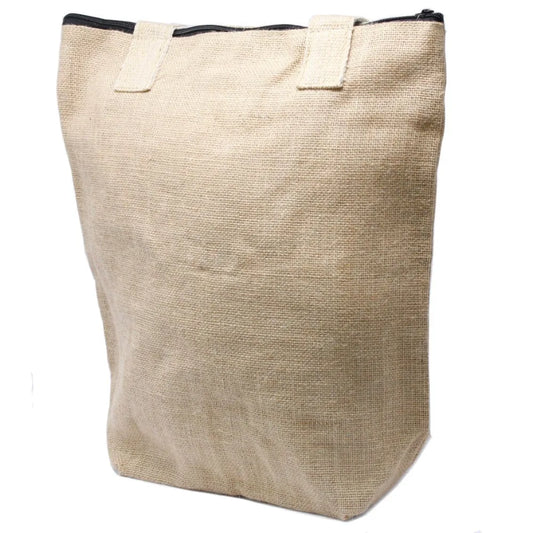 Sac cabas en toile de jute, fermeture zippée et anses en coton, fond blanc