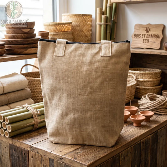 Sac cabas en toile de jute avec fermeture zippée, en situation dans une boutique de décoration
