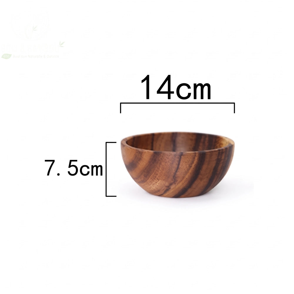 Saladier en bois d'acacia massif de 14 cm de diamètre et 7,5 cm de hauteur, parfait pour une salade individuelle.