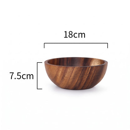 Saladier en bois d'acacia massif de 18 cm de diamètre et 7,5 cm de hauteur, adapté aux salades composées.