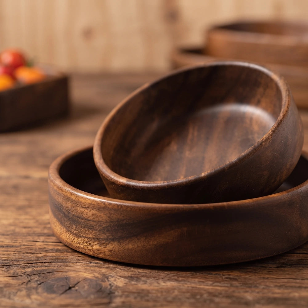 Bol à salade en bois massif japonais, coupelles rondes emboîtées sur une table en bois brut