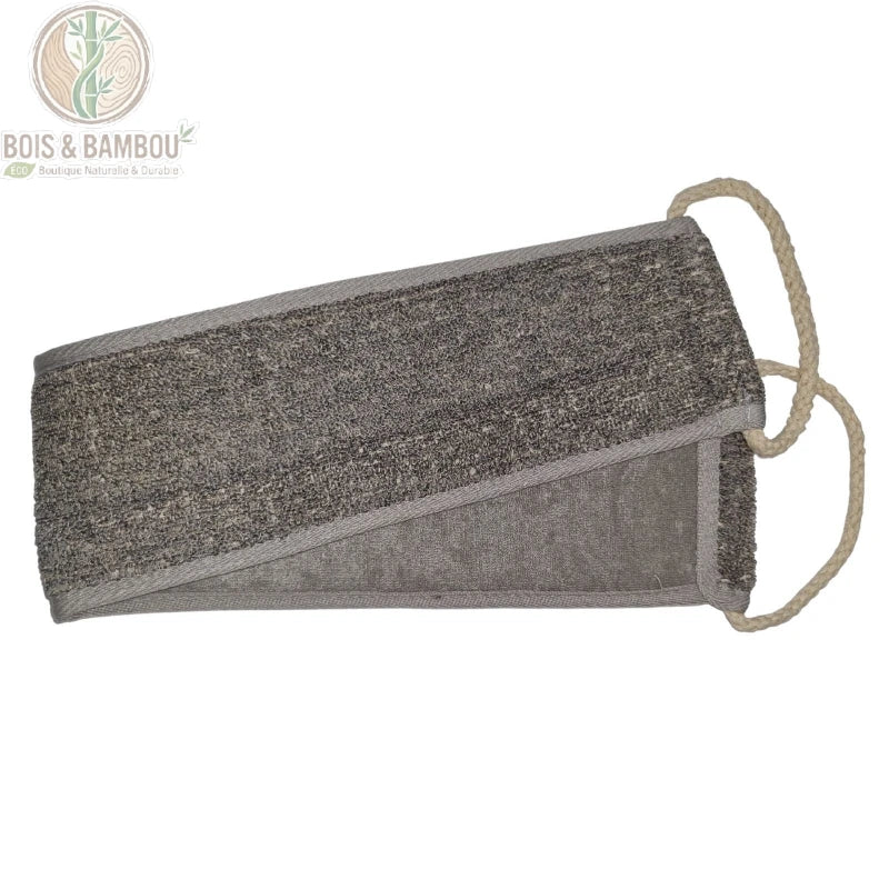 Sangle exfoliante dos en bambou et lin anthracite pliée montrant la face texturée et la face douce