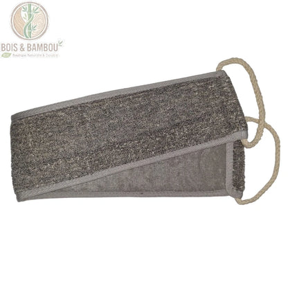 Sangle exfoliante dos en bambou et lin anthracite pliée montrant la face texturée et la face douce