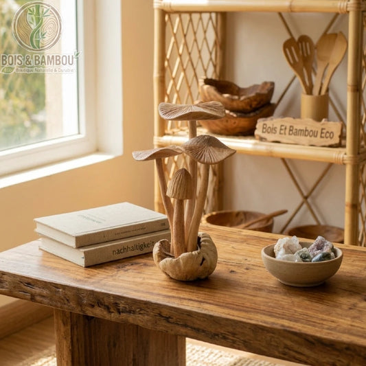 Sculpture en bois brut quatre champignons, décoration intérieure sur table basse bois - Bois Et Bambou Eco
