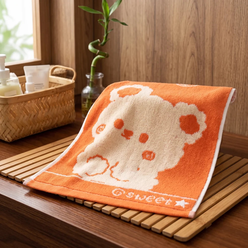Serviette en bambou pour enfant, motif ourson rond orange, 25 par 48cm