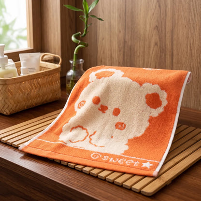 Serviette en bambou pour enfant, motif ourson rond orange, 25 par 48cm