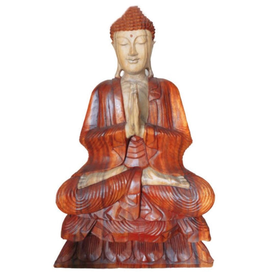 Statue de Bouddha assis en bois de Suar, 80 cm, mains jointes sur socle en lotus, vue de face sur fond blanc