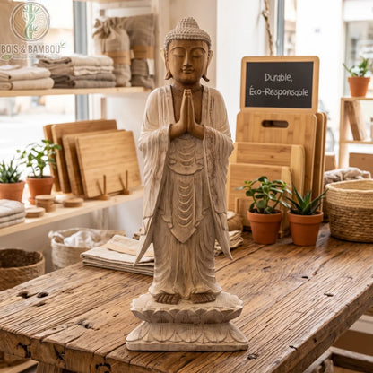Grande statue de Bouddha debout en bois de Suar blanchi, 100 cm, sur une table en bois brut près de planches en bambou