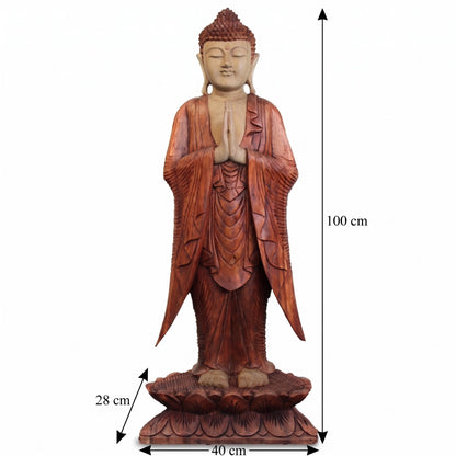 Statue de Bouddha debout en bois de Suar naturel, 100 cm, schéma des dimensions