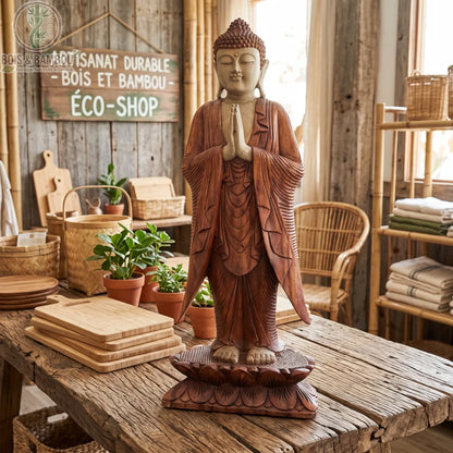 Grande statue de Bouddha debout en bois de Suar naturel, 100 cm, sur une table rustique près de paniers et de plantes