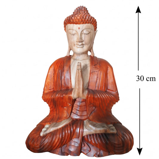 Statue de Bouddha de bienvenue en bois de Suar naturel, mains jointes, schéma de la hauteur de 30 cm