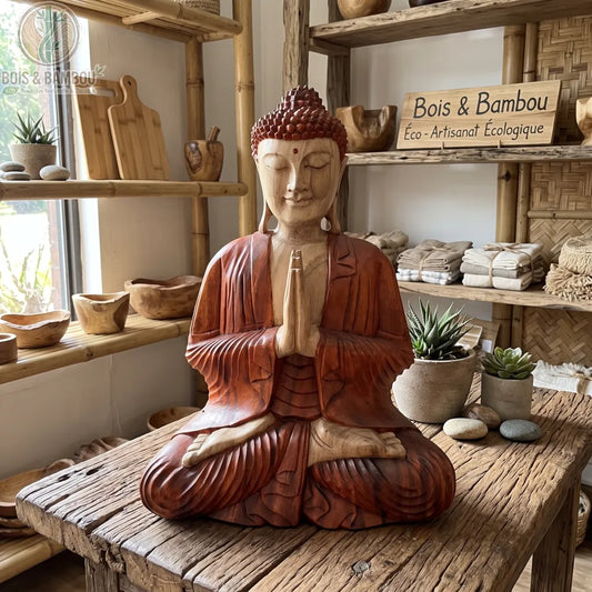 Statue de Bouddha assis mains jointes en bois de Suar, 30 cm, sur une table en bois près de plantes grasses