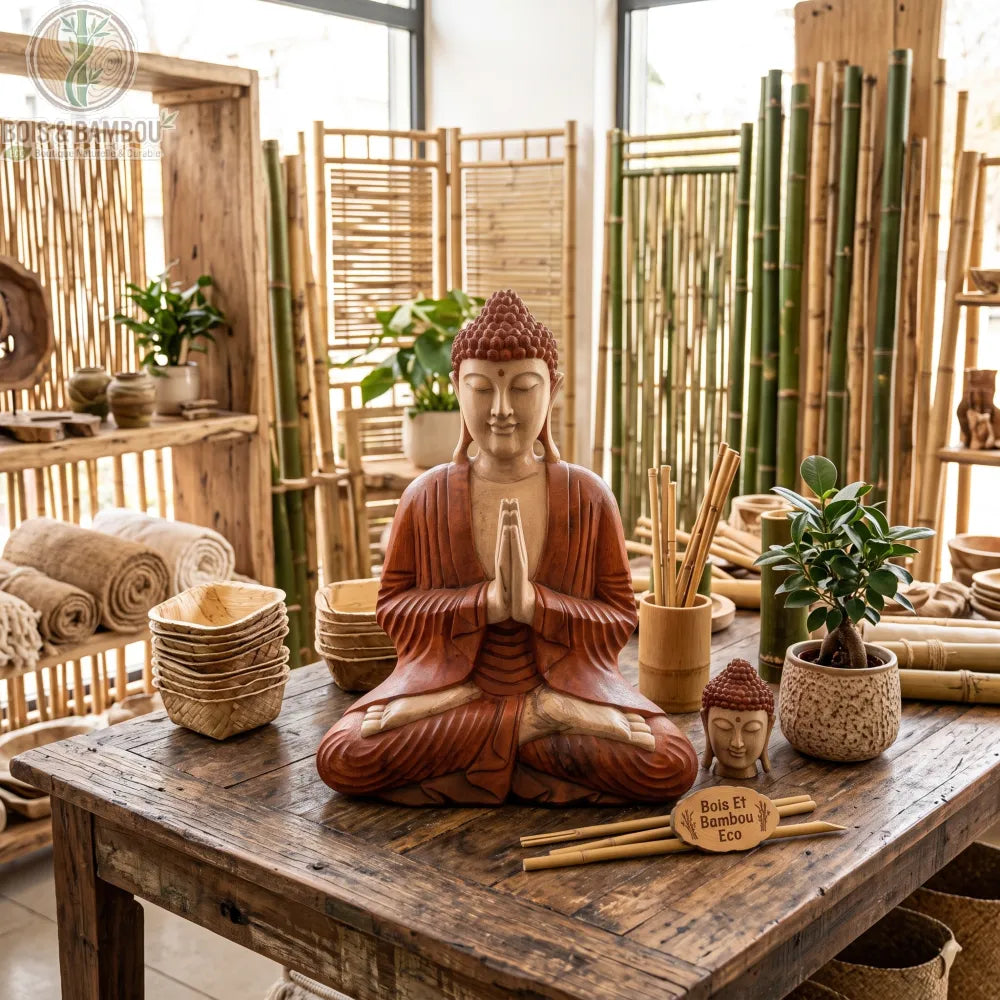 Statue de Bouddha assis mains jointes en bois de Suar, 40 cm, sur une table rustique entourée de bambou