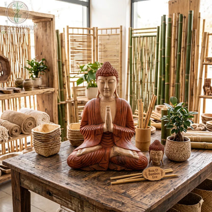 Statue de Bouddha assis mains jointes en bois de Suar, 40 cm, sur une table rustique entourée de bambou