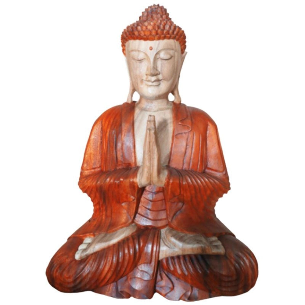 Statue de Bouddha assis en bois de Suar, 60 cm, mains jointes, vue de face sur fond blanc