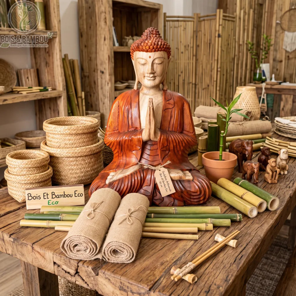 Statue de Bouddha en geste de bienvenue, bois de Suar, 60 cm, posée sur une table en bois dans une boutique de déco naturelle