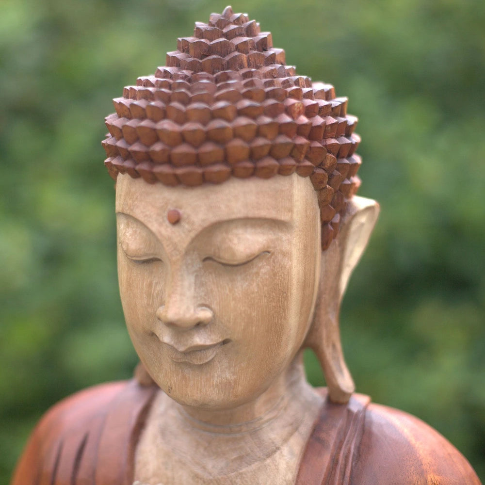 Visage de la statue de Bouddha assis en bois de Suar, chevelure bouclée et point entre les sourcils
