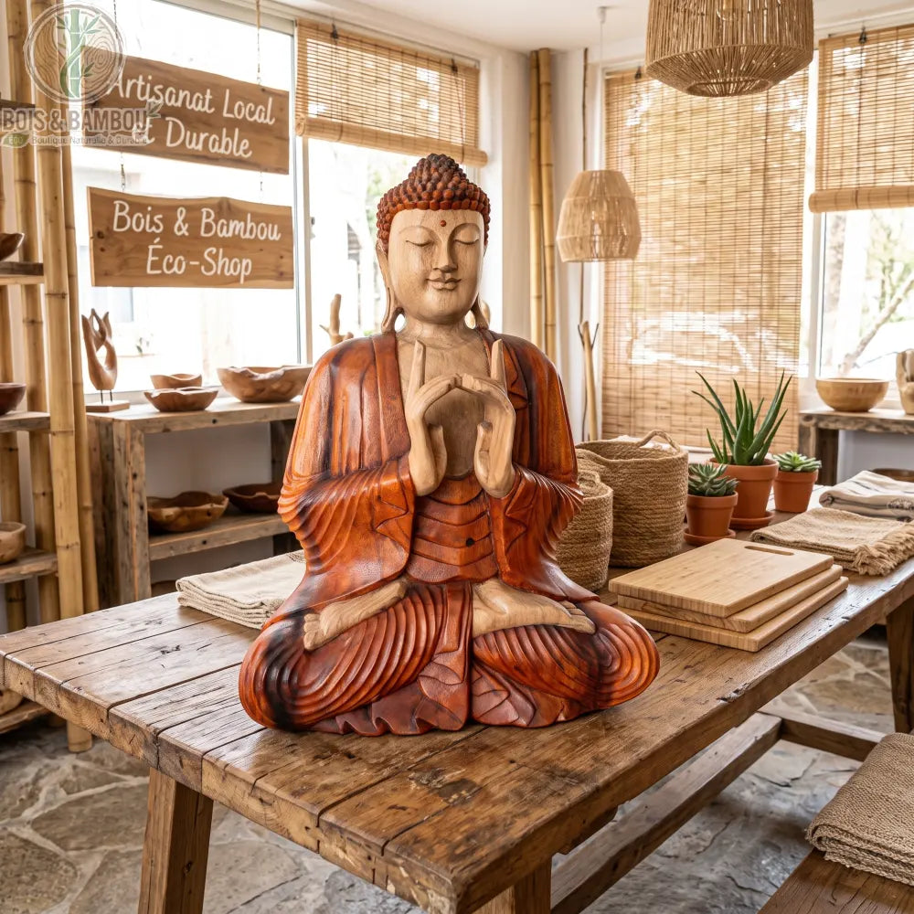 Grande statue de Bouddha assis en bois de Suar, 60 cm, sur une table en bois dans une boutique aux stores en bambou
