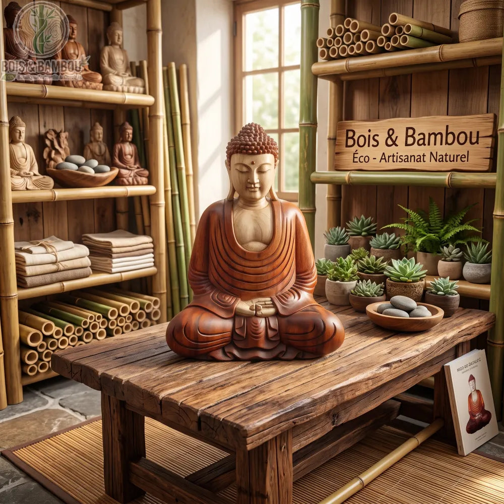 Statue de Bouddha en méditation en bois de Suar, 40 cm, sur une table rustique devant des étagères en bambou