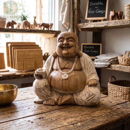 Statue de Bouddha rieur en bois de Suar blanchi, 30 cm, posée sur une table dans une ambiance zen en bois
