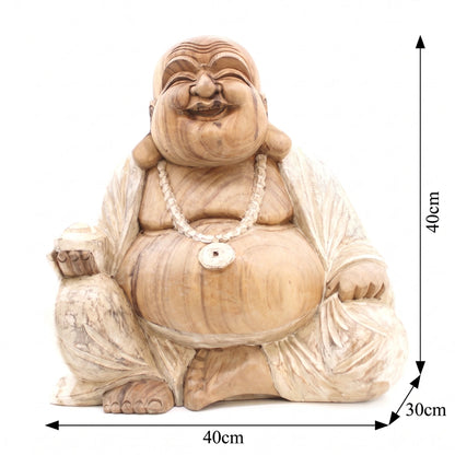 Statue de Bouddha rieur assis en bois de Suar blanchi, 40 cm, schéma des dimensions