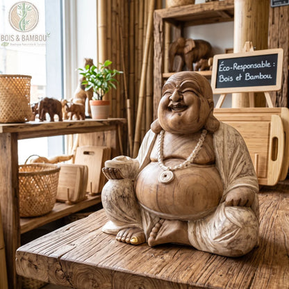 Statue de Bouddha rieur assis en bois de Suar blanchi, 40 cm, sur une table rustique près d'éléphants en bois