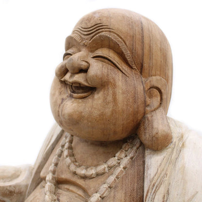 Visage souriant et rides sculptées du Bouddha rieur en bois de Suar, 50 cm