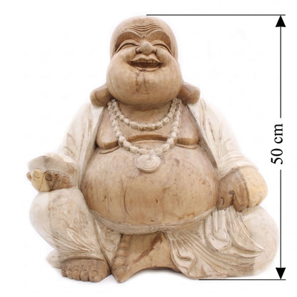 Statue de Bouddha rieur en bois de Suar, schéma de la hauteur de 50 cm