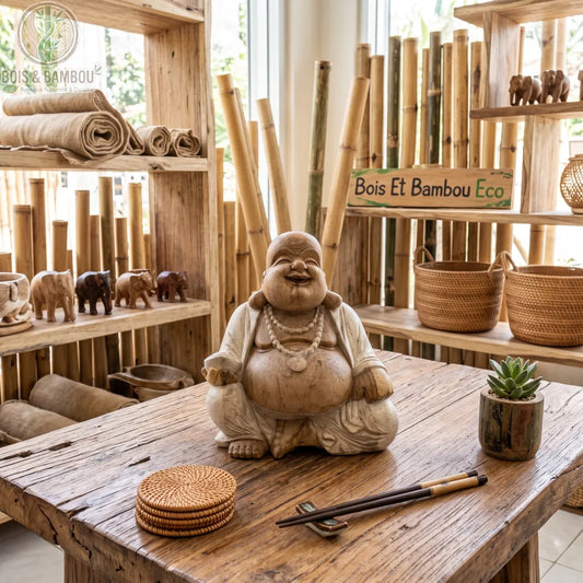 Statue de Bouddha rieur en bois de Suar, 50 cm, posée sur une table en bois dans une boutique de déco naturelle
