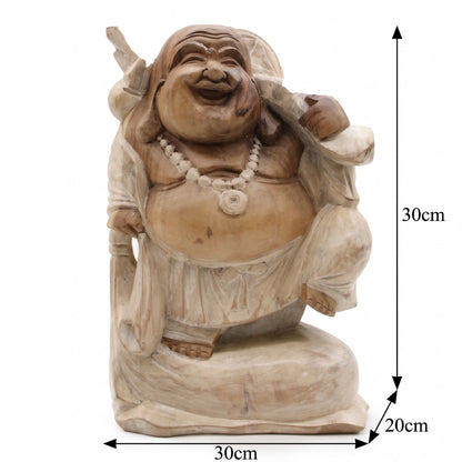 Statue de Bouddha rieur debout en bois de Suar blanchi, 30 cm, schéma des dimensions