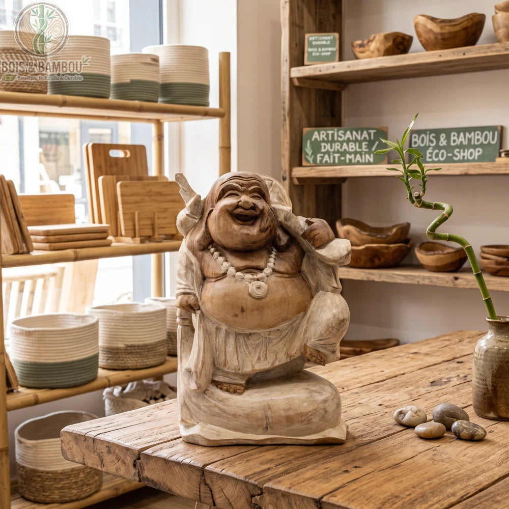 Statue de Bouddha rieur debout en bois de Suar blanchi, 30 cm, sur une table en bois rustique près d'un bambou en vase