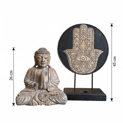 Statue de Bouddha et symbole Hamsa en bois d'albasia gris, schéma des dimensions