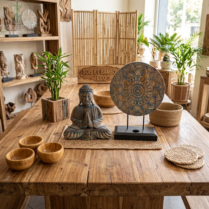 Statue de Bouddha et symbole Mandala en bois d'albasia bleu, posés sur une table en bois dans une boutique de décoration zen