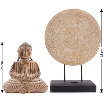 Statue de Bouddha et symbole Mandala en bois d'albasia, schéma des dimensions : Bouddha 26 cm, support 45 cm de haut