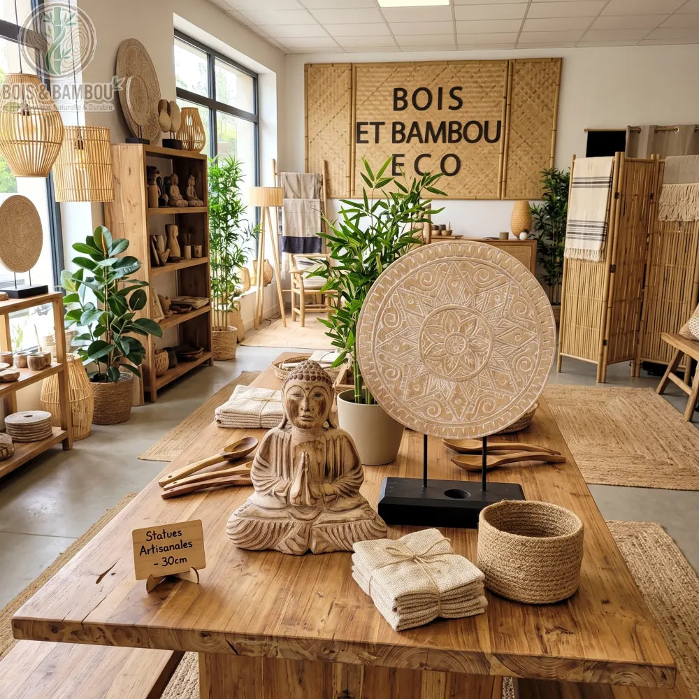 Statue de Bouddha et symbole Mandala en bois d'albasia naturel, posés sur une table en bois dans une boutique de déco naturelle