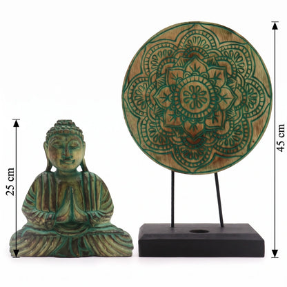 Statue de Bouddha et symbole Mandala en bois d'albasia, schéma des dimensions : Bouddha 25 cm, support 45 cm de haut