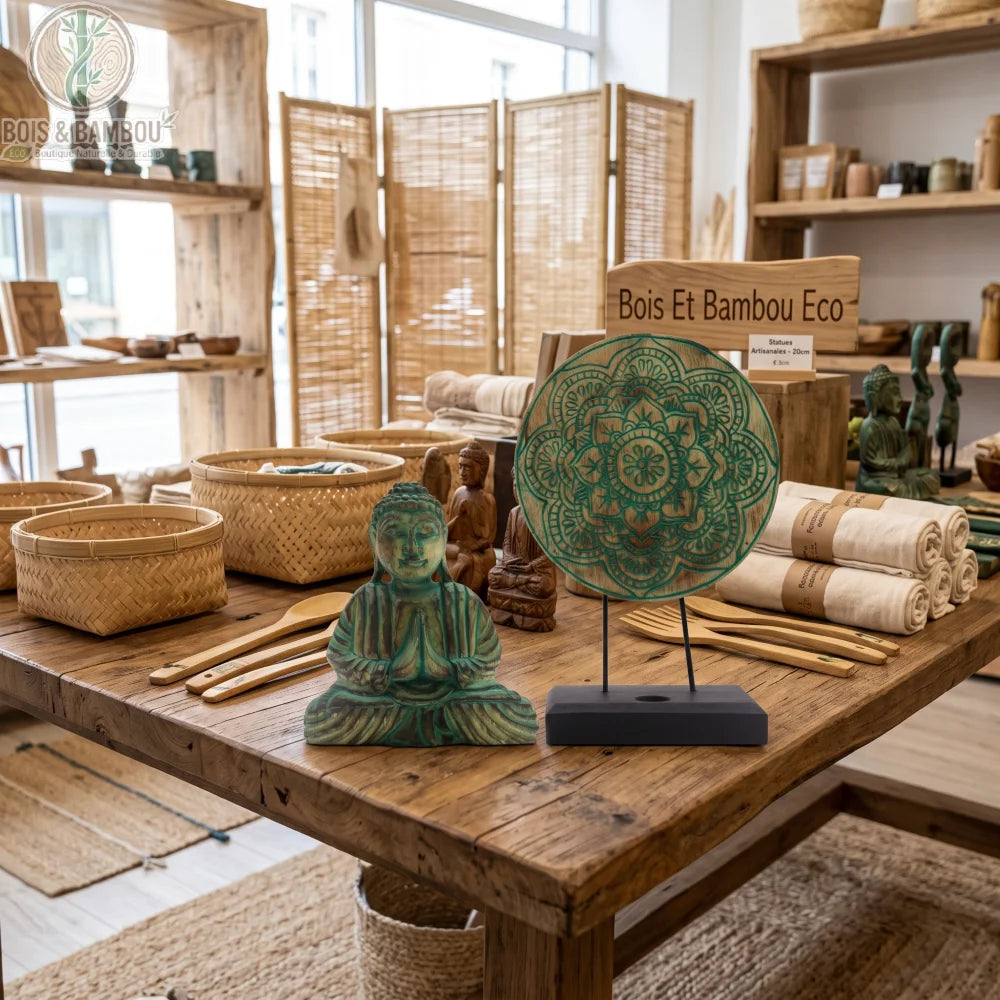 Statue de Bouddha et symbole Mandala en bois d'albasia vert, posés sur une table en bois dans une boutique de déco naturelle