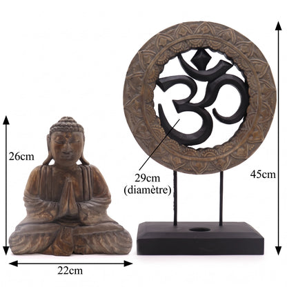 Statue de Bouddha et symbole Om en bois d'albasia gris et noir, schéma des dimensions