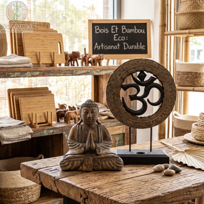Statue de Bouddha et symbole Om en bois d'albasia gris et noir, posés sur une table rustique près de galets