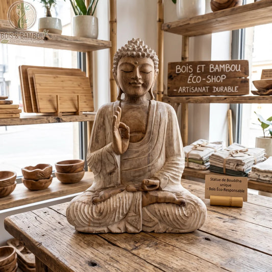 Statue de Bouddha assis en bois de Suar blanchi, 30 cm, main levée, sur une table en bois devant une vitrine