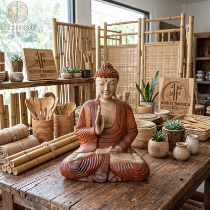 Statue de Bouddha de l'enseignement en bois de Suar, 40 cm, sur une table en bois près de bambous et de plantes