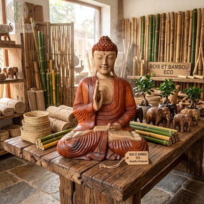 Statue de Bouddha en transmission d'enseignement, bois de Suar, 60 cm, posée sur une table en bois dans une boutique de déco naturelle