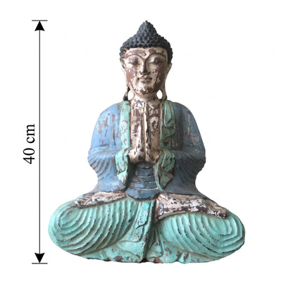 Statue de Bouddha assis vintage menthe en bois de Suar, schéma des dimensions de 40 cm de haut